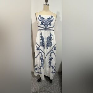 Zara White Midi Dress with Blue Embroidery
